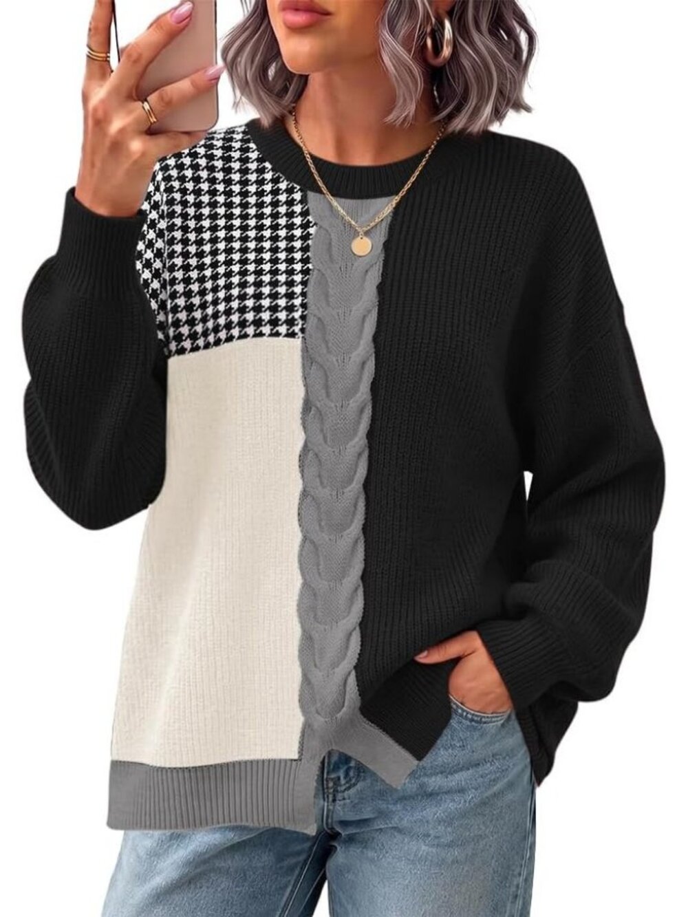 Women's Black NEW Oversized Fall Fashion Clothes Contrast Cable Trendy Sweaters